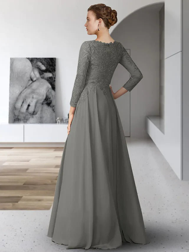 Wholesale Mother of the Bride Dress Elegant V Neck Floor Length Chiffon Lace 3/4 Length Sleeve with Pleats Appliques